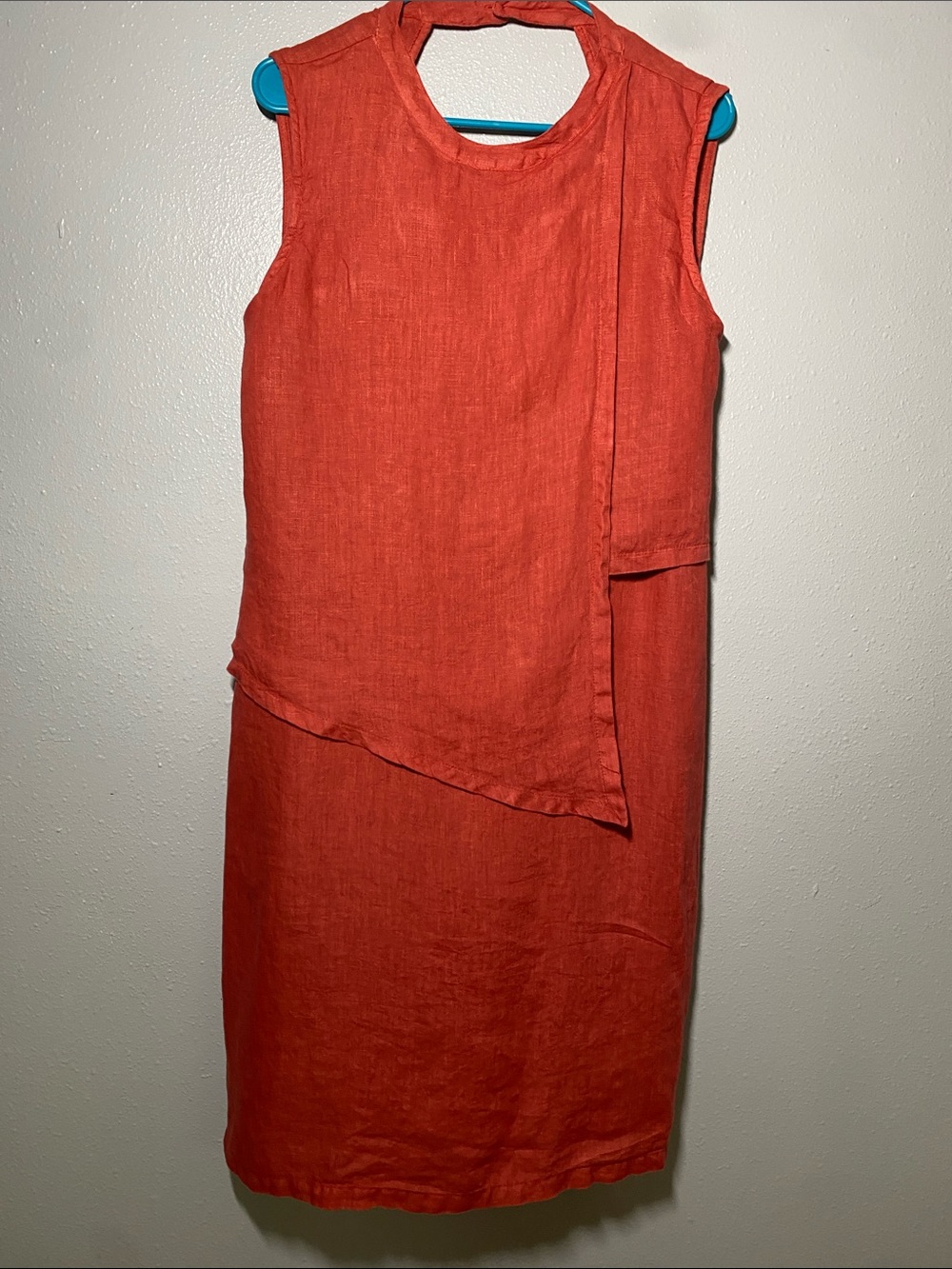 Sleeveless Terracotta Linen Shift Dress with Asymmetric Draped Overlay
